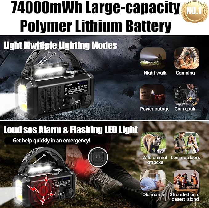 QAUYYW Hand Crank Emergency Radio,74000mWh Solar Powered Portable NOAA AM FM Weather Radio with 3 Mode Flashlight and Reading Light,Cell Phone Charger,Home and Emergency Distress Signal (Black)