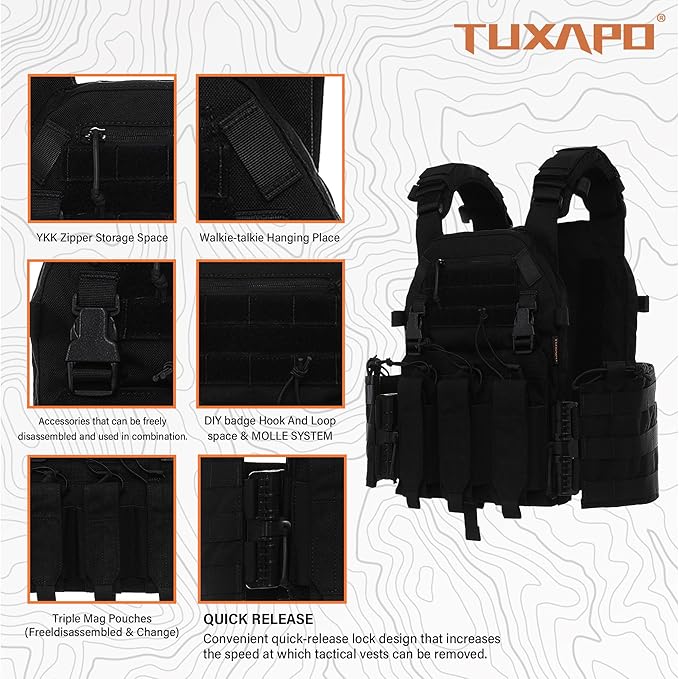 Tactical Molle Vests with Triple mag Pouch and Side Cummerbund Pouches, Quick Release Vests for Men
