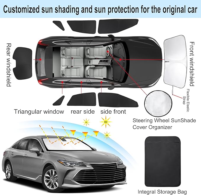 8PCS Windshield Sun Shade Custom Fit for 2019-2022 Toyota Avalon Accessories Foldable Sunshade Side Rear Window Shade Cover Full Set Privacy Protection Keeps Car Cool