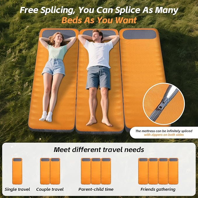 Sleeping Pad, 5.5" Thick Self Inflating Sleeping Pad with Electric Pump,4 Season Camping Mattress Pad with Built-in Pillow, Camping Essentials Gear for Hiking, Backpacking,Tent Use,Camping(Orange)