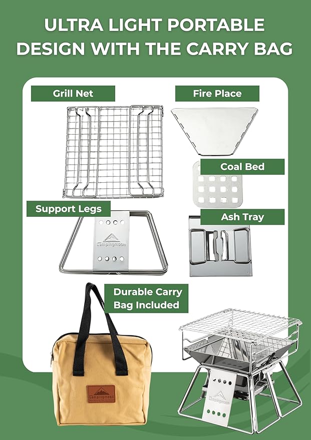 CAMPINGMOON X-MINI Small Size Portable Fire Pit, Mini Stainless Steel Tabletop Fire Pit Charcoal Grills for Camping, Solo Outdoor Cooking, Hiking BBQ Backpacking, with Carry Bag 7.5 inch