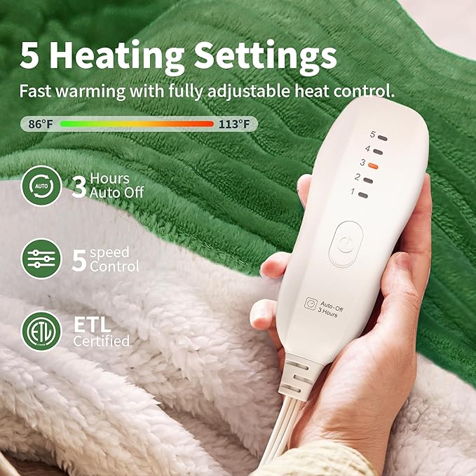 Texciting Heated Blanket Electric Blanket Throw 50”X60”-Heating Throw with 5 Heat Settings-3 Hours Auto Off,ETL Certified,Machine Washable (Emerald Green)