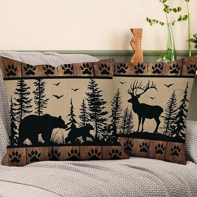 Wildlife Cabin Decorative Throw Pillow Covers 16 x 16 Set of 4, Vintage Forest Animals Reindeer Wolf Bear Porch Outdoor Home Decor, Retro Farmhouse Woodland Pine Tree Sofa Couch Cushion Case