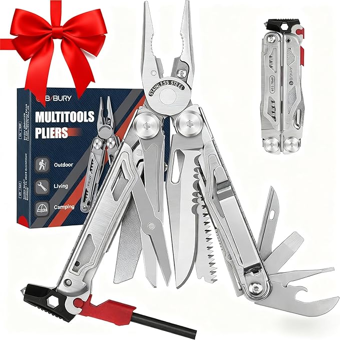 BIBURY Multitool Pliers BI2038B, 22-in-1 Stainless Steel Multi Tool with Flint, Window Breaker, Scissors, Back Clip, Folding Pocket Multifunctional Self-locking EDC Tool for Survival Camping Hiking