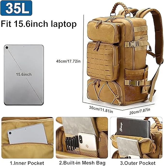 Tactical Backpack for Men, 35L Travel Military Backpack with Shoe Compartment, 1000D Water Resistant Molle Rucksack for Outdoor Hiking Travel Camping, Khaki Color