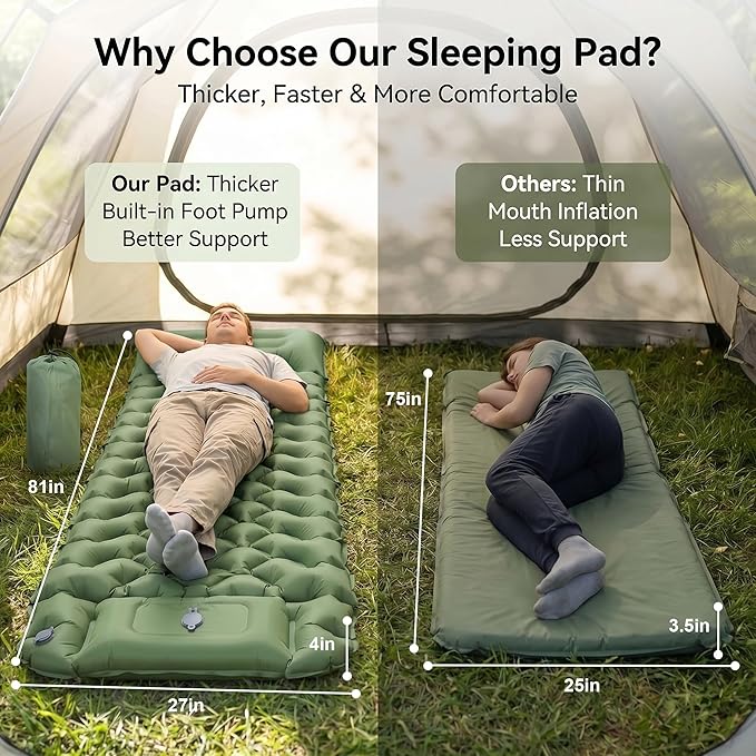 Sleeping Pad, 4” Thick Backpacking Sleeping Pad with Built-in Foot Pump & Pillow, Ultralight Self Inflating Air Mattress Camping Mat for Hiking, Tent,Travel Gear (Green)