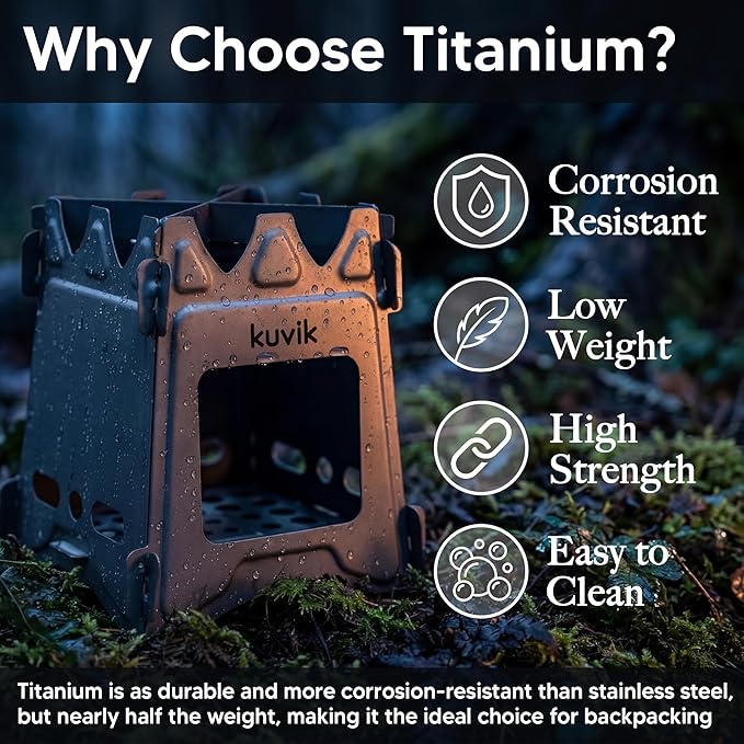 Kuvik Titanium Wood Stove - Ultralight and Compact Stove for Backpacking, Camping, and Survival