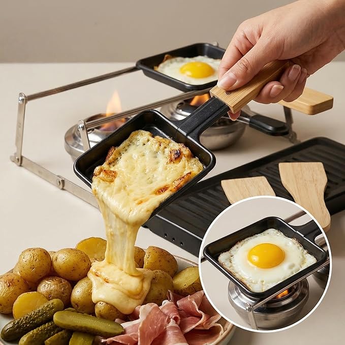 Portable Tabletop Cooking Grill Set, Foldable Mini Raclette Grill with Non-Stick Griddle Plate, 2 Cheese Melting Pans, 2 Spirit Burners and 2 Spatulas, Compact BBQ Camping Stove for Outdoor, Picnics