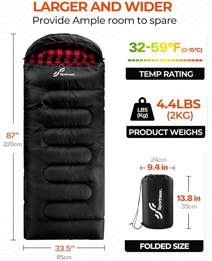 Sportneer 0 Degree Sleeping Bag for Cold Weather, XL Winter Sleeping Bag for Adults, Flannel Lined Camping Sleeping Bag, 32°F–59°F Rated, 87" x 33.5", 4.4 lbs, Detachable Hood, Compression Sack