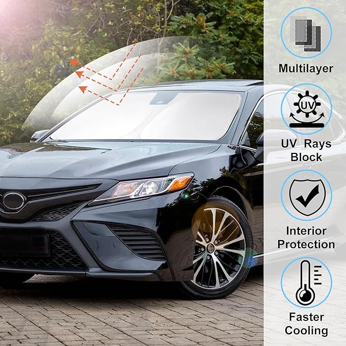 Windshield Sun Shade Custom Fit 2018 2019 2020 2021 2022 2023 2024 Toyota Camry LE XLE Hybrid SE XSE Sedan Accessories Front Window Sunshade Keeps Interior Cool