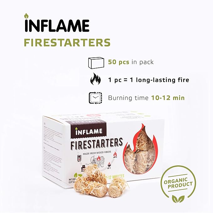 Inflame Fire Starters 50 pcs/Organic/Easy Fire for Wood and Charcoal - Super Fast Lighting, Any Weather/Grill, BBQ, Wood Stove, Campfires, Fireplace, Pellets