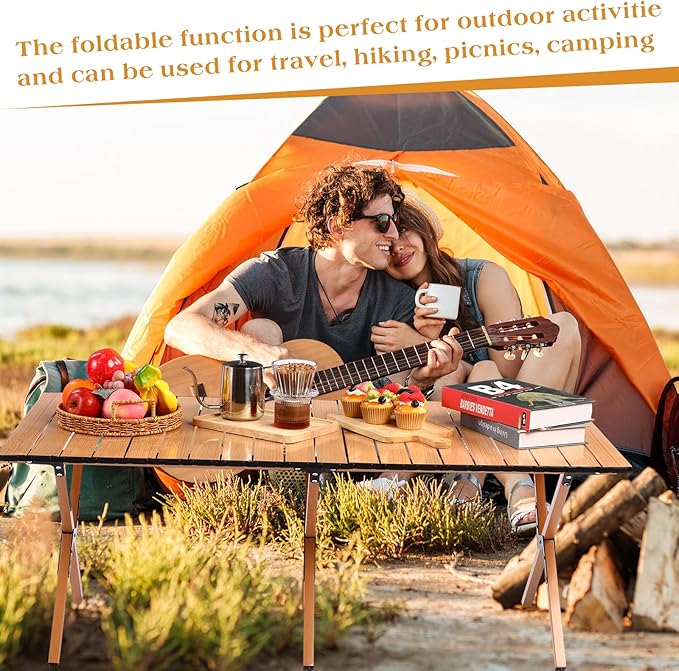 Suzile 2 Pack 4FT Folding Camping Table, Roll Up Portable Camp Table with Carry Bag, Low Collapsible Lightweight Aluminum Outdoor for Camping, Picnic, Beach, Patio, Kitchen(Yellow Wood Color)