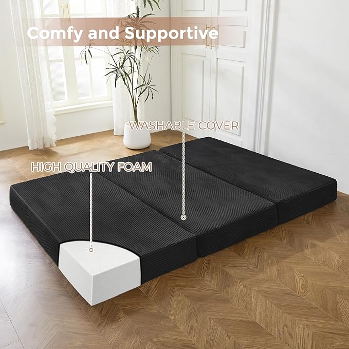 BYBYME Tri-Folding Corduroy Mattress, 6 Inch Gel Folding Mattress Topper, Foldable Soft Guest Bed Camping Pad, Washable Cover (Black, Full)