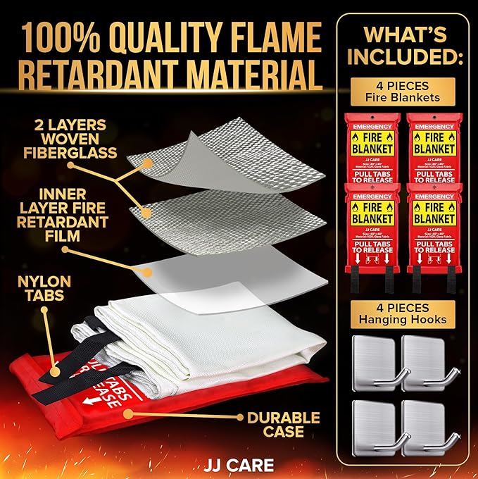 JJ CARE Fire Blanket – 40"x40" 4 Packs with Hooks – Emergency Fire Blanket for Home & Kitchen, High Heat Resistant Fire Suppression Blankets for Home Safety, Kitchen, and Camping