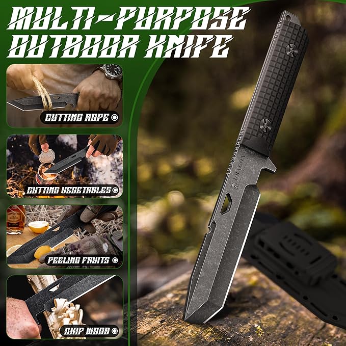 Dragon Creek Tactical Knife Kydex - Outdoor Survival Knife with Sheath D2 Steel Blade G10 Full Tang Handle for Camping Hiking Christmas Thanksgiving Gift Men Black