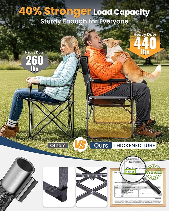 KingCamp Oversized Camping Directors Chair with Side Table, Compact Design Heavy Duty 440lbs, Folding Portable Padded Camp Chairs with Extra Wide Seat & Anti-Sag Fabric for Outdoor Fishing Sports Lawn