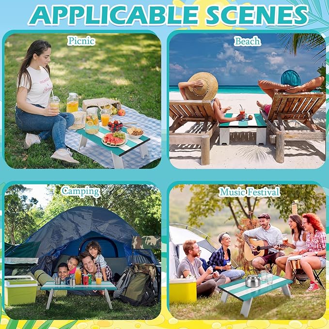 CroBlissful Beach Table Folding Camping Portable Table Striped White Aluminum Side with Carry Bag for Camping Picnics and Outdoor Activities(16x11x5 in,Mint Green)