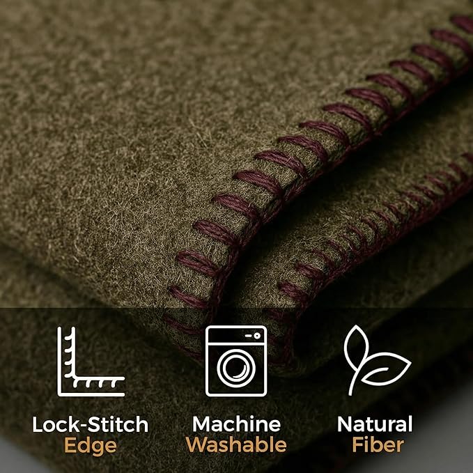 Wool Camping Blanket – 70% Wool Heavy-Duty Military Style Throw, Warm & Washable, Fire Retardant Cover for Emergency, Survival & Outdoor Use – Perfect for Camping, Car, Home & Hiking, Olive 62x84