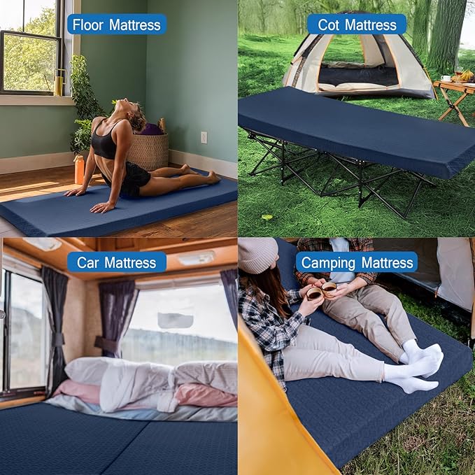 Memory Foam Camping Mattress Pad 3 Inch Thick, Portable Sleeping Pad with Waterproof Cover, Portable Roll Up Cot Mattress Pad Floor Mat for Travel Truck Bed Tent 72" x 24"x 3"