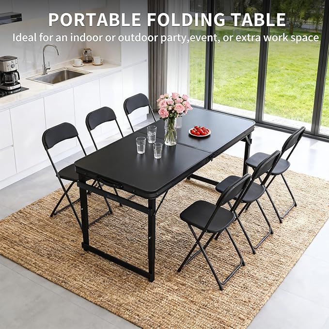 4FT x 2FT Folding Camping Table Adjustable Height with Umbrella Hole, Aluminum Alloy Legs Foldable Portable Outdoor Table for Picnic, Travel, Parties, Kids Craft, Market Vendor Use