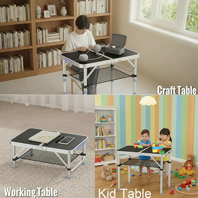 Small Folding Table Portable, 2FT Camping Pinic Table with 3 Adjustable Height, Aluminum Foldable Lightweight Patio Side Table with Carry Handle for Outdoor Hiking Camp BBQ Beach (Black)