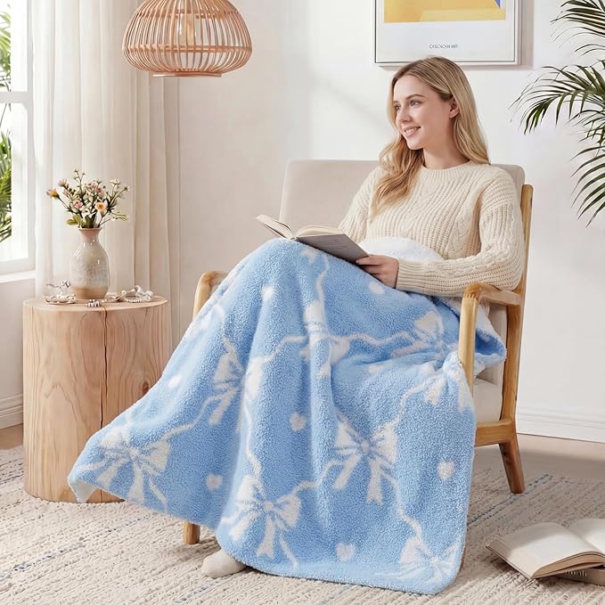 WRENSONGE Blue Bow Throw Blanket Soft Cozy Fluffy Warm Throw for Couch Sofa Bed Camping Picnic Travel Lightweight - 50"*60"