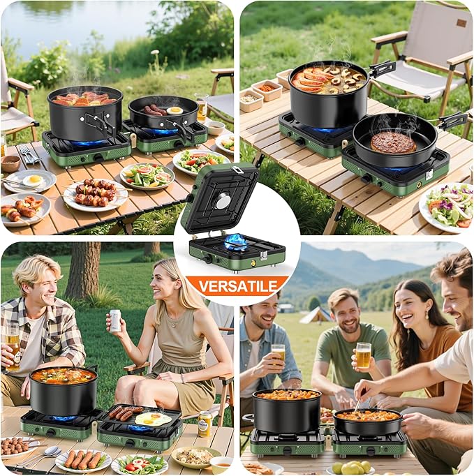 Propane 2-Burner Foldable Camping Stove with Carry Bag, Portable Propane Camp Stoves with Adjustable Burners & Piezo Ignition for Outdoor Cooking, Tailgating, Backyard Gathering(Griddle Not Included)