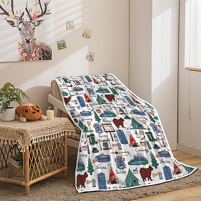 Camper Throw Blanket, RV Camper Accessories for Travel Trailers Throw Blanket, Flannel Camping Soft Warm Cozy Throws Cover for Couch Chair Sofa Bed Outdoor Inside Travel Decor