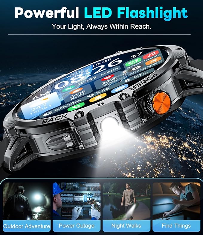 Military Smart Watch for Men, 1.85" HD Large Screen, Bluetooth Call/1000mAh/Flashlight/Heart Rate Sleep Monitor, 110+ Sports Modes Fitness Tracker Watch for Android iOS, Holiday, 3 Straps, Black