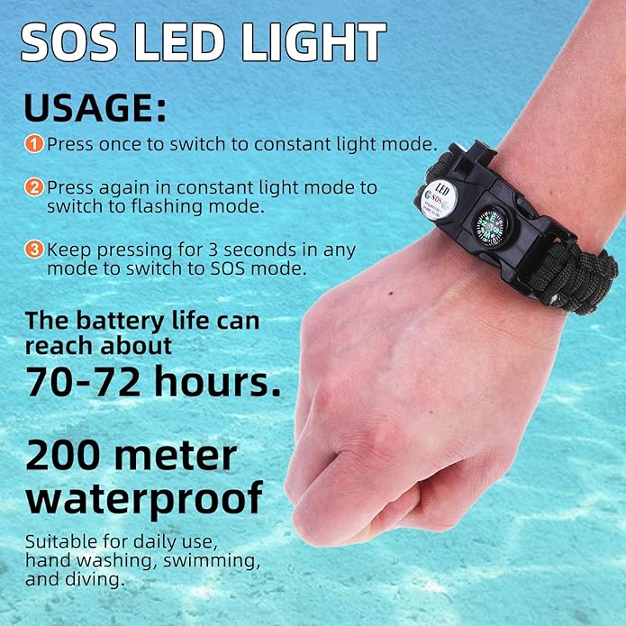Survival Bracelets, Paracord Bracelets (2 pcs) with Loud Whistle Light Flint, Adjustable Compass Bracelet for Outdoor Camping Hiking Fishing Hunting, Multitools Tactical Gear, Bearable 300 lb