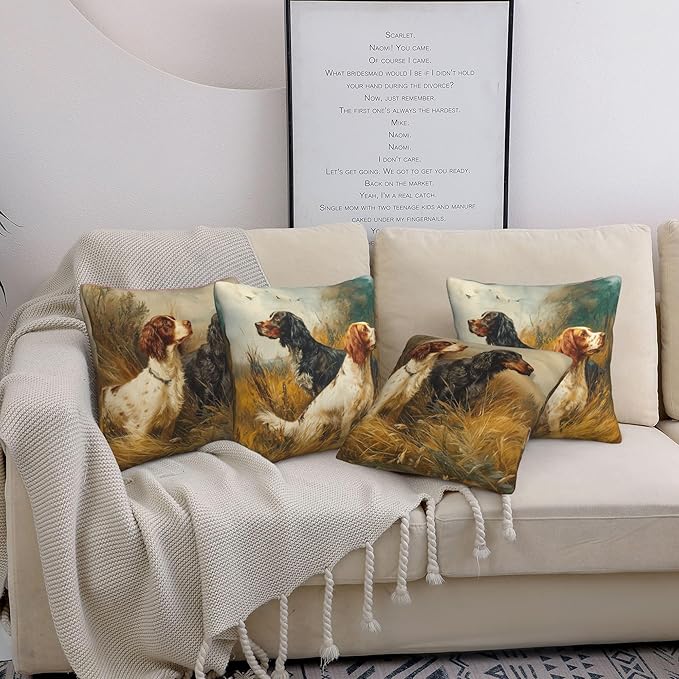 Vintage Dog Throw Pillow Covers 18 X 18 Inch Set of 4 Decorative Cushion Cover Home Decor for Sofa Chair Couch Bedroom Living Room