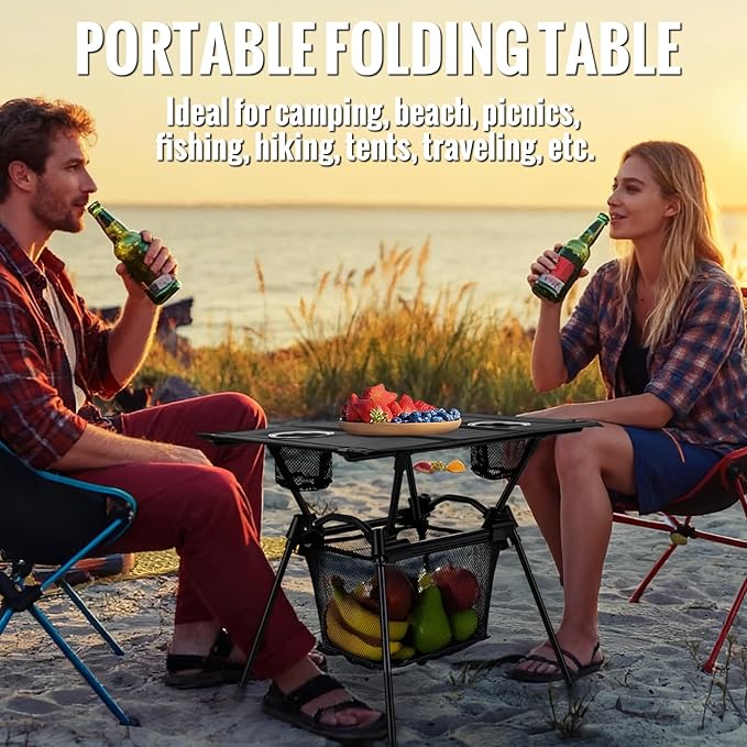 GARLLEN Folding Camping Table, Ultralight Compact Beach Table with Fabric Tabletop, Portable Folding Picnic Table with Cup Holder & Storage Net for Sand, Camping, Outdoor, 23.2“L x 15.7”W