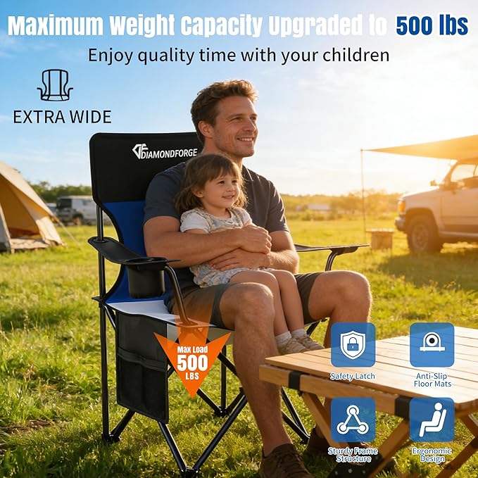 DIAMONDFORGE High Back Camping Chair for Adult, Portable Folding Camp Chair, Outdoor Camping Chair with Wide Cup Holder, Side Pocket for Hiking Fishing Sports (500LBS Oversized/300LBS Breathable Mesh)