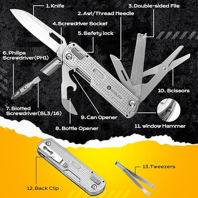 BIBURY Multitool Pocket Knife BI2056, Stainless Steel Multi Tool Knife with Clip, Folding Multitool EDC Knife with Magnetic Locking,Screwdriver,Large Scissors,Glass Breaker for Survival Camping Hiking