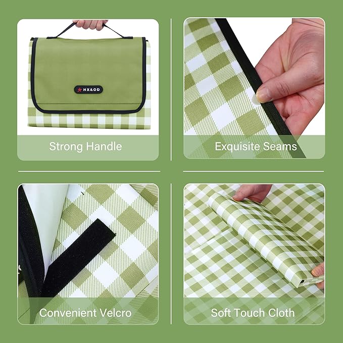 HX&OD Outdoor Picnic Blanket 80"X80" Picnic Mat Extra Large Camping Blanket Beach Blanket Foldable Waterproof Sand Mat Hiking Travel Family Concerts(Green)