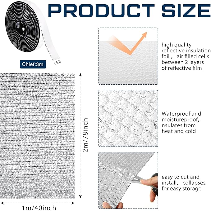 Frienda Rv Window Reflective Insulation Roll 39.4inch*6.6ft Double Aluminum Foil Heat Bubble Thermal Window Shade Door Cover Blackout for Garage Roof Travel Camper Skylight Shield