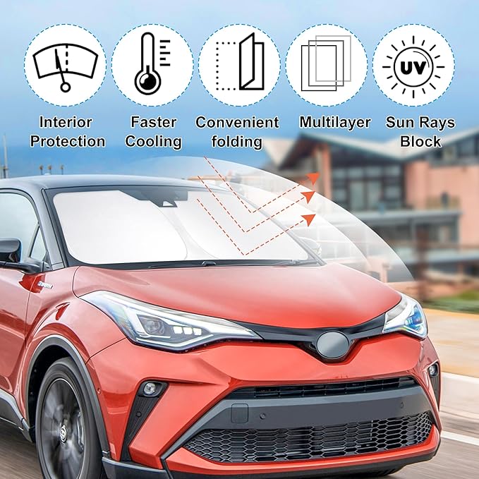 Windshield Sun Shade Custom Fit 2018 2019 2020 2021 2022 2023 Toyota CHR CH-R Accessories Foldable Sunshade Front Window Covers Protect Car from Heat Damage Keep Car Cooler