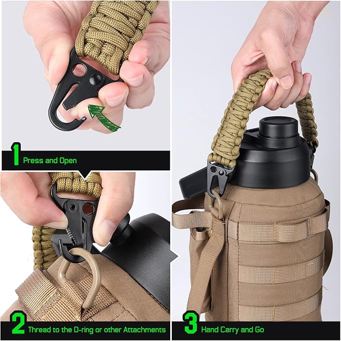 Tactical Paracord Handle，9-core Weaving Paracord Strap for Bag Strap Replacement，Molle Attachment with Metal/Plastic Clips for Backpack Sling Bags Water Bottle Holder