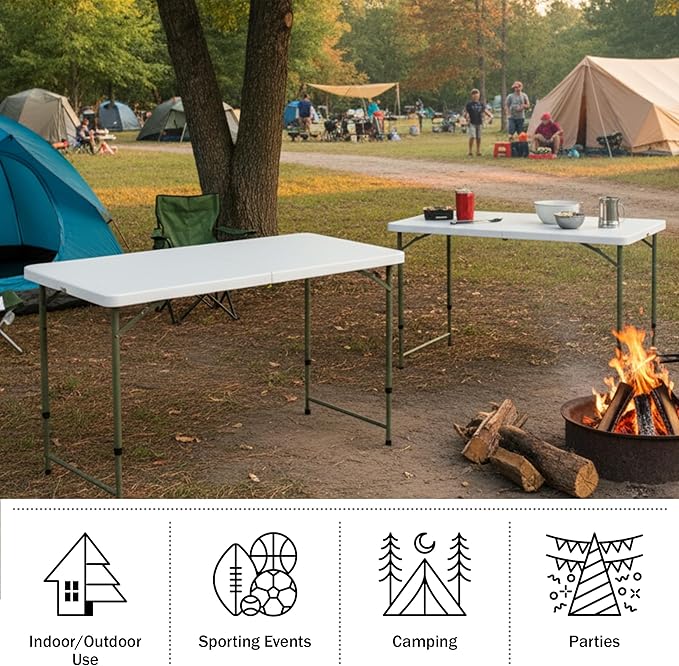 Lavish Home Portable Folding Tables - Lightweight Portable Folding Desk with Adjustable Height - 4-Foot Plastic Indoor & Outdoor Utility Tabletop for Camping, Crafting, or Tailgating (Set of 2/White)