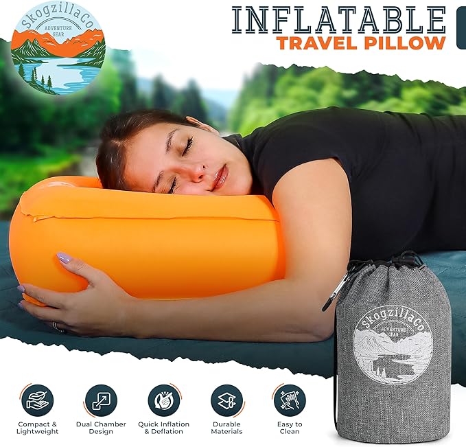 SkogzillaCo- Camping Inflatable Pillow Dual Chamber Ultralight Backpacking Pillow for Camping, Hiking & Travel, Blow Up Pillow with Adjustable Neck, Compact Portable- Orange