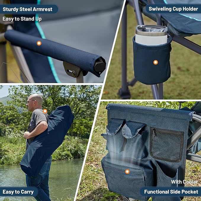 TIMBER RIDGE Oversized Folding Camping Chair with Lumbar Support Adjustable High Back Heavy Duty for Adults Support up to 500lbs with Cup Holder, Cooler Bag, Side Pocket, Blue 2 Pack
