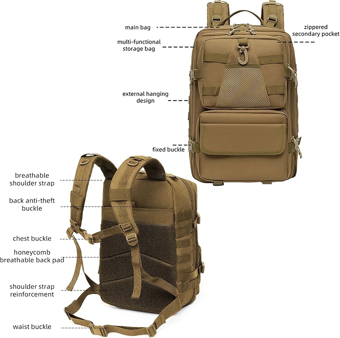 aiGear 50L Military Tactical Backpack 3 Days Assault Pack Large Day Backpack for Men Molle Army Bug Out Bag Waterproof Heavy Duty Hiking Trekking Rucksack - Khaki