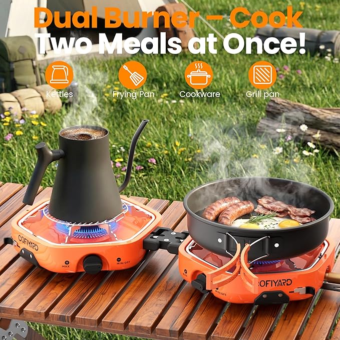 Cofiyard Propane 2 Burner Camping Stove with Carrying Bag, Portable Folding Gas Stove for Camping, Backpacking Camp Stove for Outdoor Cooking with 17,000 BTU Adjustable Burners for BBQ, Tailgating