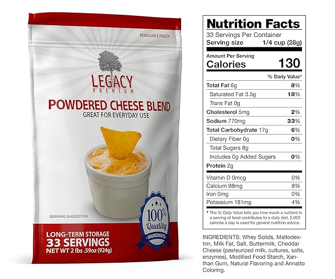 Legacy Essentials Long Term Dried Cheese Powder - 15 Year Shelf Life Powdered Cheese Blend for Emergency Food Storage Supply (Quantity 1)