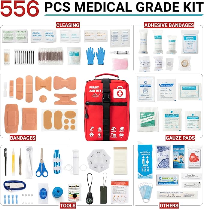 556 Piece Premium Large First Aid Kit, Survival Medical First Aid Bag – Labelled Compartments, Workplace Essential, Home & Sports, Molle Tactical Rip-Away Design, First Responders' Choice for Trauma