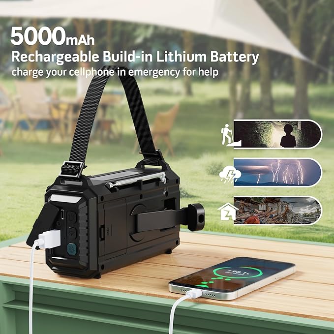 Auto NOAA Digital 5000 Weather Radio with Backlit LCD Screen, 5 Way Powered Solar Hand Crank Portable AM/FM/Shortwave Emergency Radio/Phone Charger,Read Lamp/Camping Flashlight,Earbud Jack,Clock,SOS