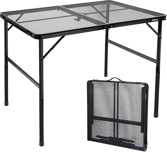 4 ft Folding Table with Metal Mesh Desktop, Grill Table Camping Table with Carry Handle,Adjustable Height (16.5" & 26"), Outdoor Table for Camp, Cooking, BBQ, RV, Picnic,Fits 4–8 People,Black