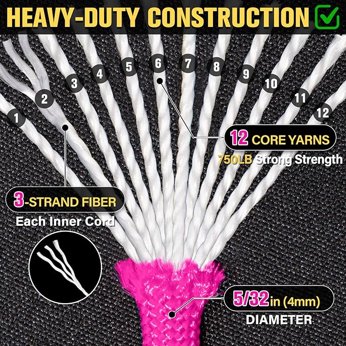Paracord Rope 750 lb - 100ft 5/32" Parachute Cord 4MM 12-Strand para Cord - Heavy Duty Spool String for Survival,Camping Gear, Survival Bracelet, Clothesline - Rose Pink