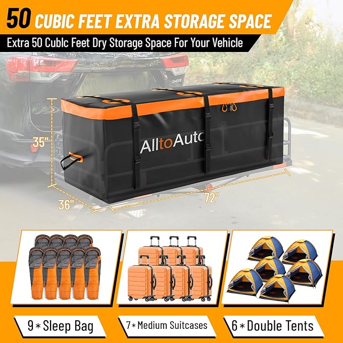 50 CuFt AlltoAuto Waterproof Cargo Bag for Hitch Carrier | 72"x36"x35" Trailer Hitch Cargo Carrier | Weatherproof Truck Bed Storage with Straps, Lock & Carry Case | PVC Vehicle Soft-Shell Carriers