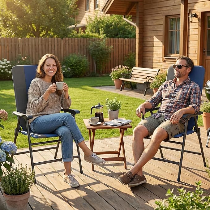 Outsunny Folding Patio Chairs Set of 2, Padded High Back Folding Lawn Chairs with Armrests, 600D Oxford Fabric, Portable Outdoor Camping Chair Set for Deck, Garden, Backyard, Dark Blue